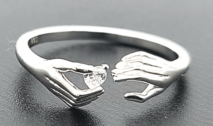 Two Hands, One Spark Sterling Silver with Zircon Adjustable Ring