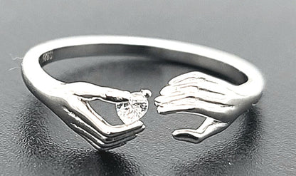 Two Hands, One Spark Sterling Silver with Zircon Adjustable Ring