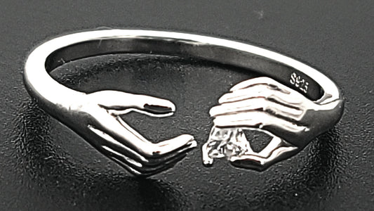 Two Hands, One Spark Sterling Silver with Zircon Adjustable Ring