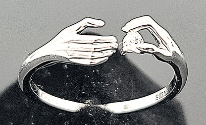 Two Hands, One Spark Sterling Silver with Zircon Adjustable Ring