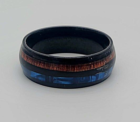 Deep Blue & Timber Horizon Stainless Steel Comfort Fit Ring