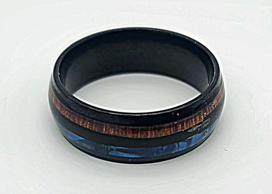 Deep Blue & Timber Horizon Stainless Steel Comfort Fit Ring