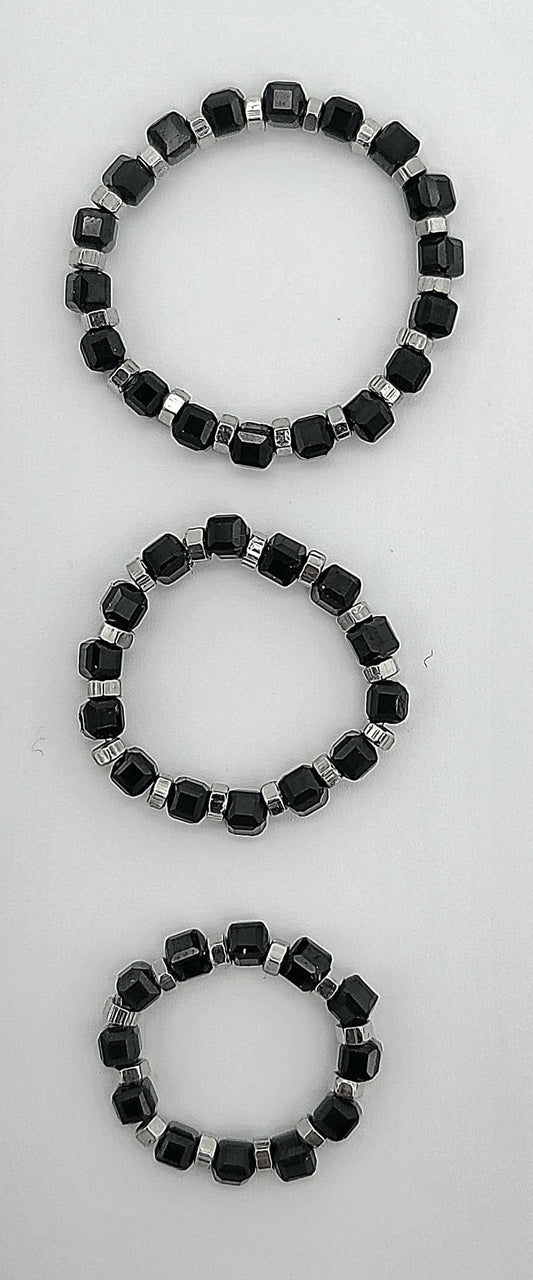 Midnight Torque Black Spinel & Stainless Hex Nut Stretch Ring Sizes 4.5 - 17