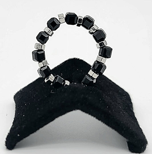 Midnight Torque Black Spinel & Stainless Hex Nut Stretch Ring Sizes 4.5 - 17