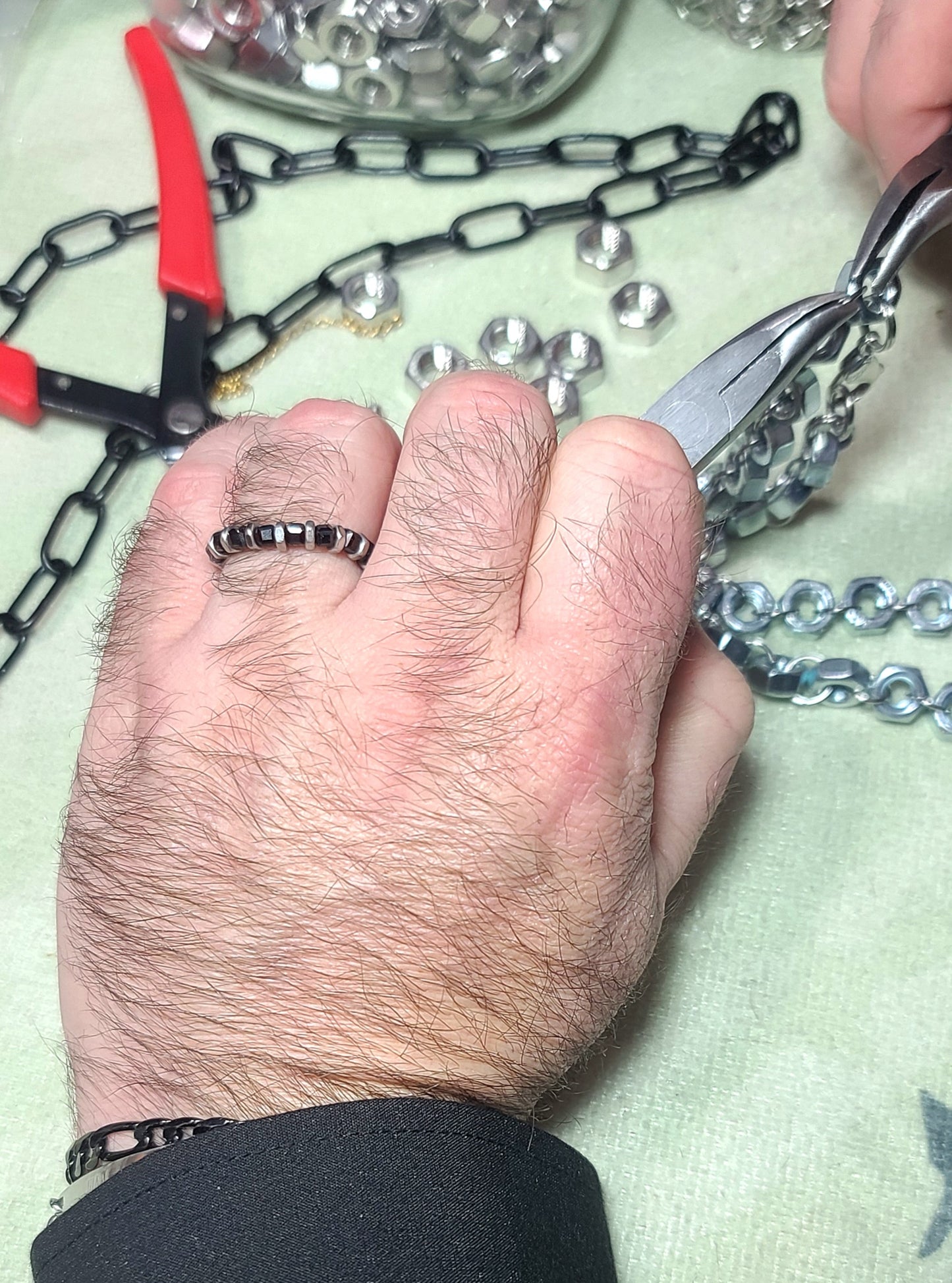 Midnight Torque Black Spinel & Stainless Hex Nut Stretch Ring Sizes 4.5 - 17