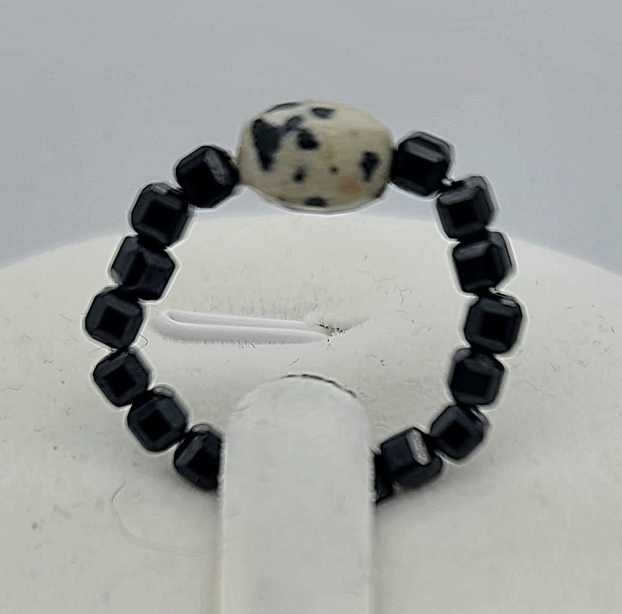 Midnight Rover – Black Spinel & Dalmatian Jasper Stretch Ring (Sizes 7.5 - 10.5)
