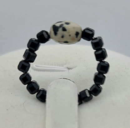Midnight Rover – Black Spinel & Dalmatian Jasper Stretch Ring (Sizes 7.5 - 10.5)
