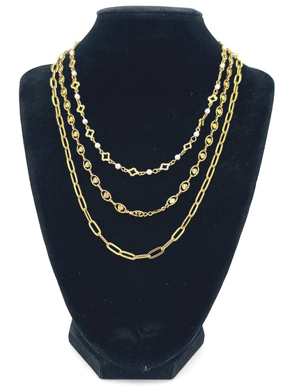 Lucky in Love Gold Stainless Steel Triple-Layer Necklace Paperclip, Clovers, & Shell Pearls