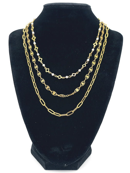 Lucky in Love Gold Stainless Steel Triple-Layer Necklace Paperclip, Clovers, & Shell Pearls