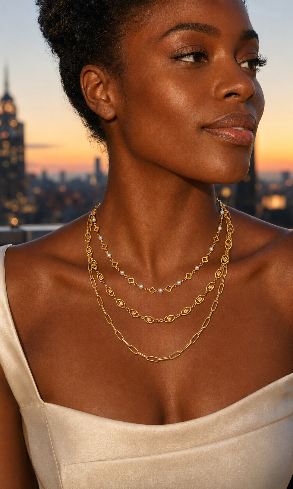 Lucky in Love Gold Stainless Steel Triple-Layer Necklace Paperclip, Clovers, & Shell Pearls