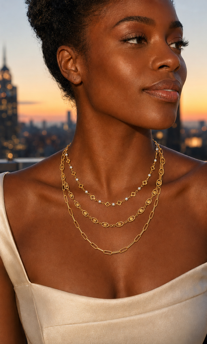 Lucky in Love Gold Stainless Steel Triple-Layer Necklace Paperclip, Clovers, & Shell Pearls