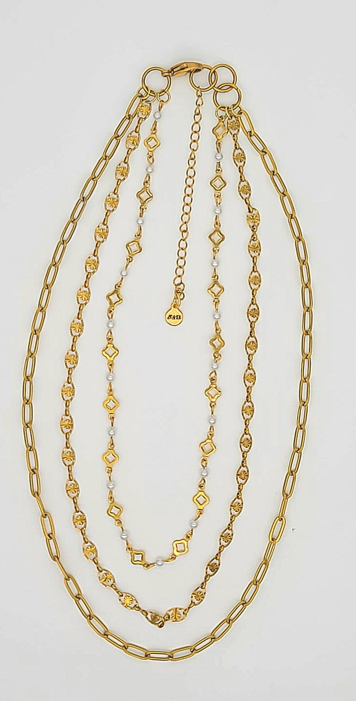 Lucky in Love Gold Stainless Steel Triple-Layer Necklace Paperclip, Clovers, & Shell Pearls