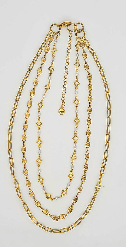 Lucky in Love Gold Stainless Steel Triple-Layer Necklace Paperclip, Clovers, & Shell Pearls