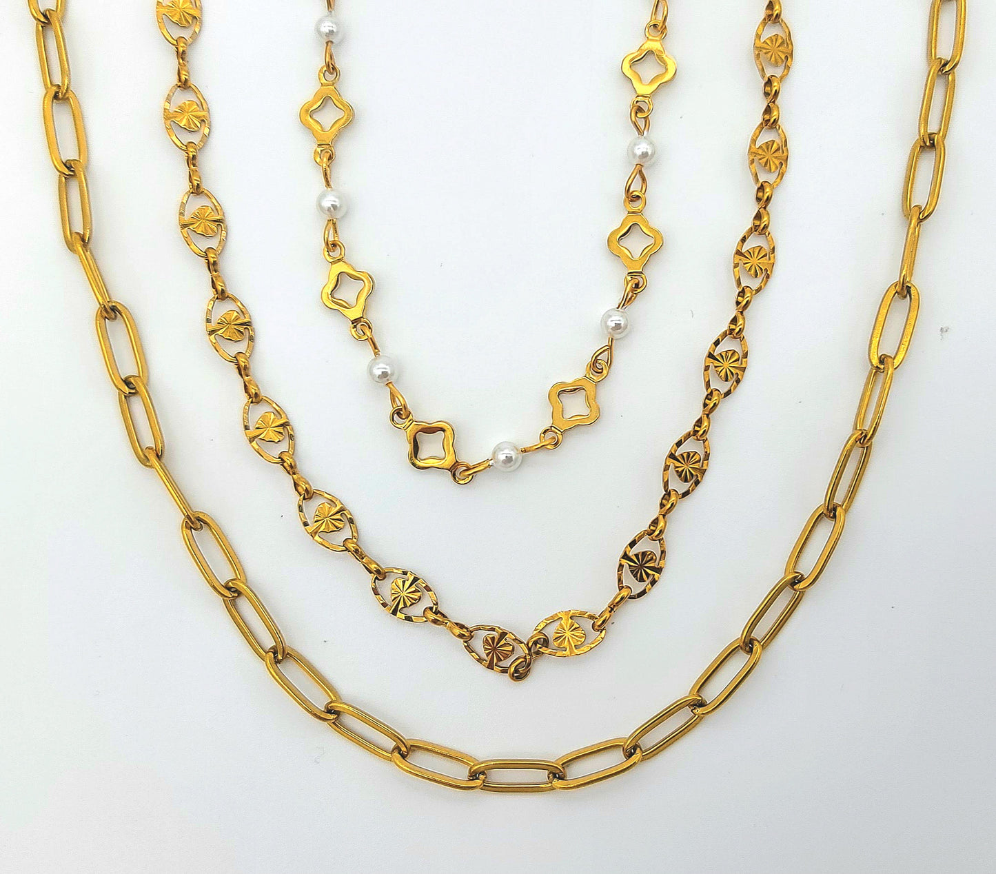 Lucky in Love Gold Stainless Steel Triple-Layer Necklace Paperclip, Clovers, & Shell Pearls
