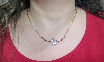 Floral Bead with Faceted Red Bead & Shell Pearl Gold Stainless Steel Chain Necklace