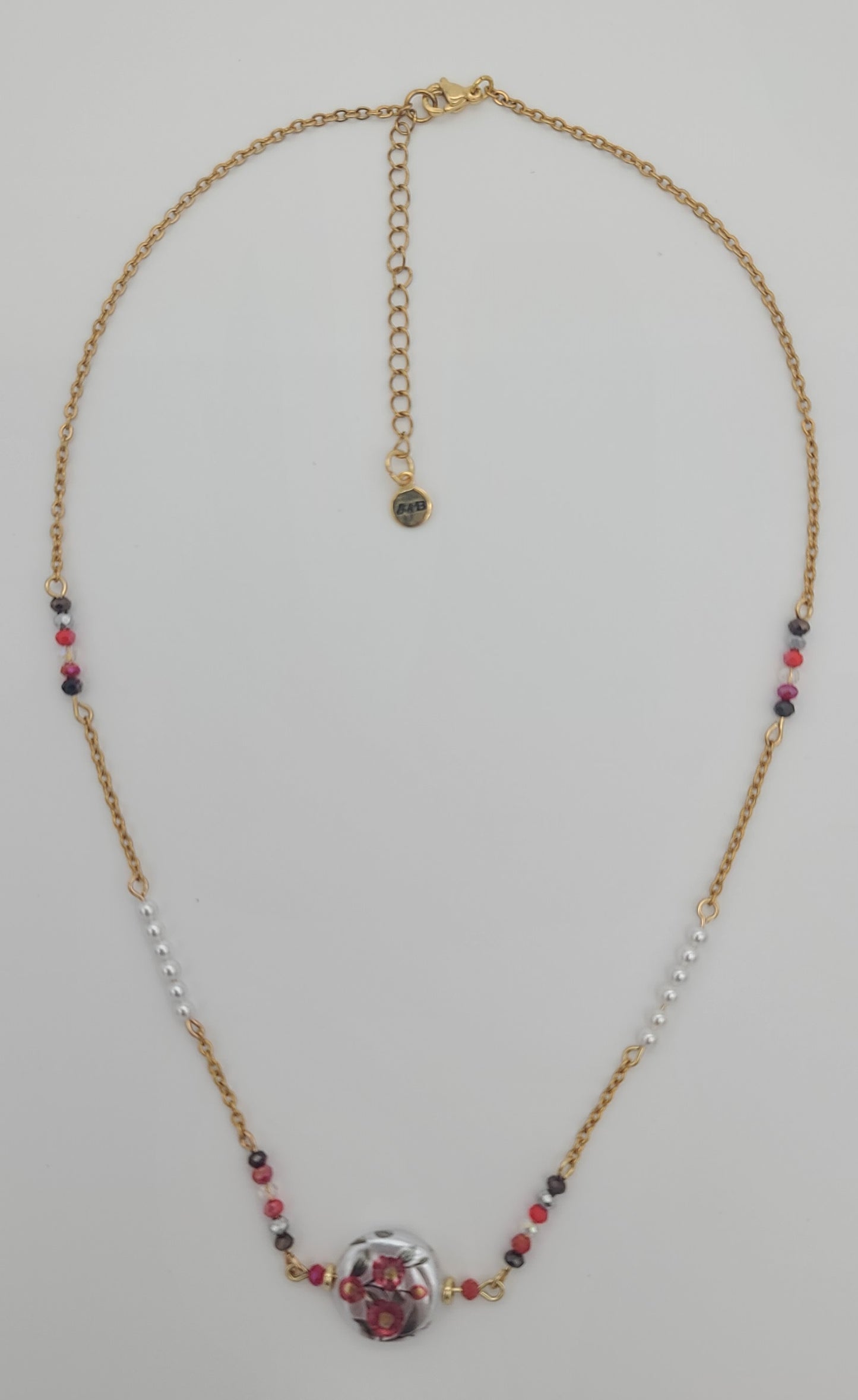 Floral Bead with Faceted Red Bead & Shell Pearl Gold Stainless Steel Chain Necklace