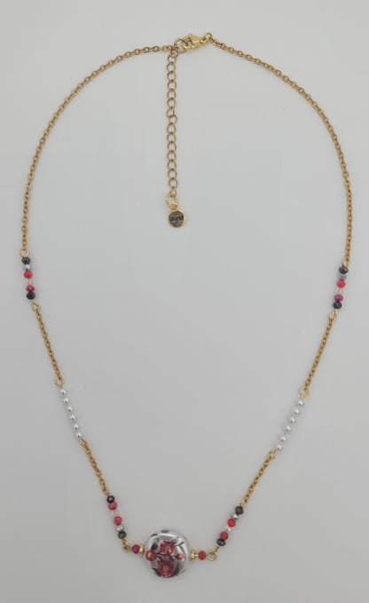 Floral Bead with Faceted Red Bead & Shell Pearl Gold Stainless Steel Chain Necklace