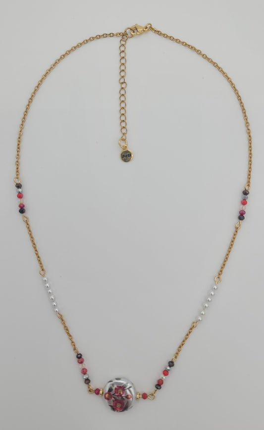 Floral Bead with Faceted Red Bead & Shell Pearl Gold Stainless Steel Chain Necklace