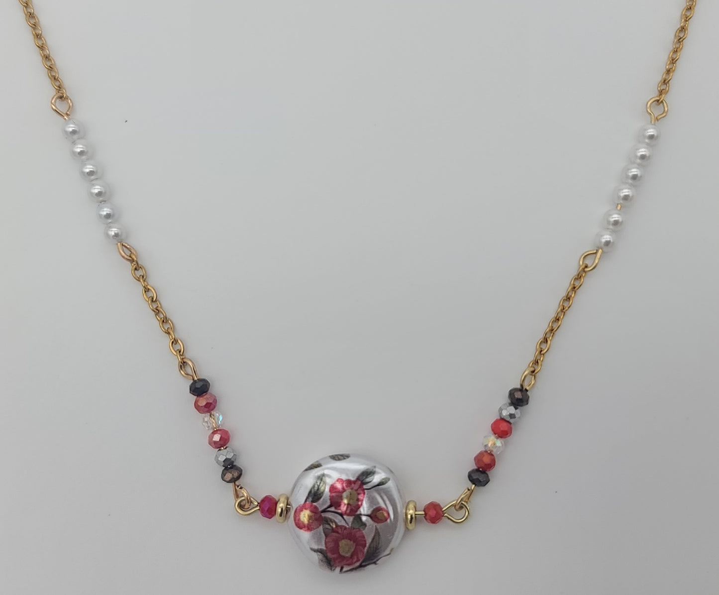 Floral Bead with Faceted Red Bead & Shell Pearl Gold Stainless Steel Chain Necklace