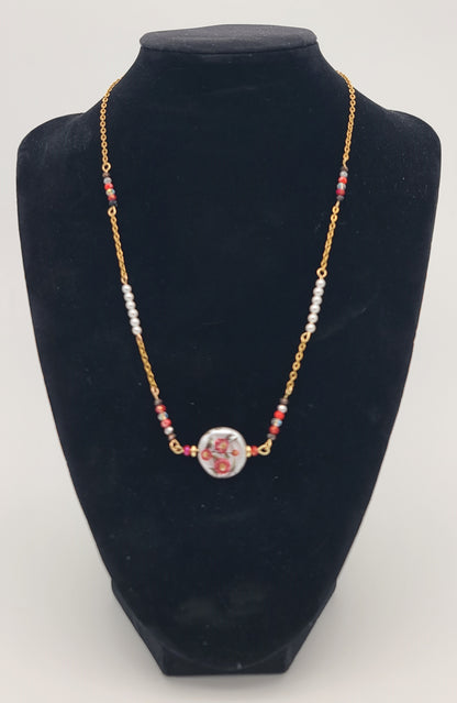 Floral Bead with Faceted Red Bead & Shell Pearl Gold Stainless Steel Chain Necklace