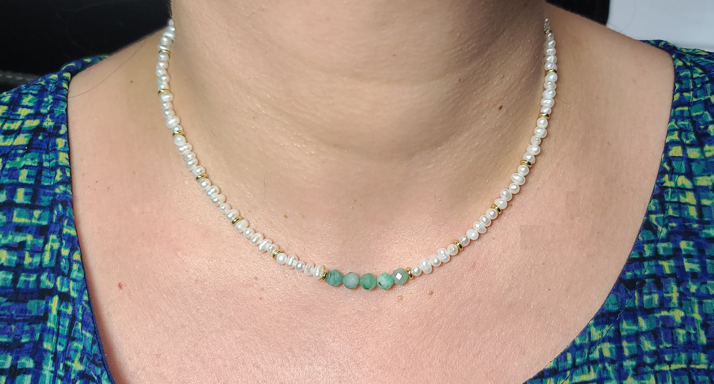 Baroque Pearl with Natural Emerald Beads 17"+2.5" 18k Gold Stainless Dainty Necklace