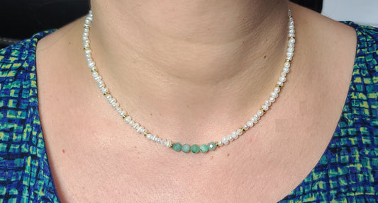 Baroque Pearl with Natural Emerald Beads 17"+2.5" 18k Gold Stainless Dainty Necklace