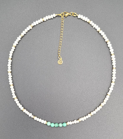 Baroque Pearl with Natural Emerald Beads 17"+2.5" 18k Gold Stainless Dainty Necklace