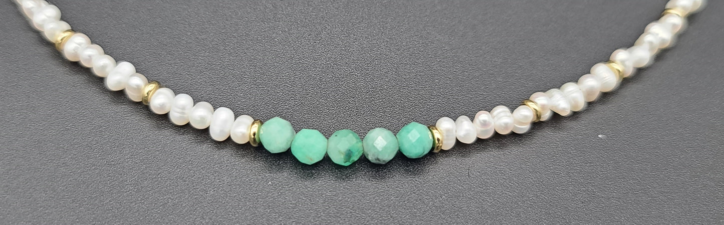 Baroque Pearl with Natural Emerald Beads 17"+2.5" 18k Gold Stainless Dainty Necklace