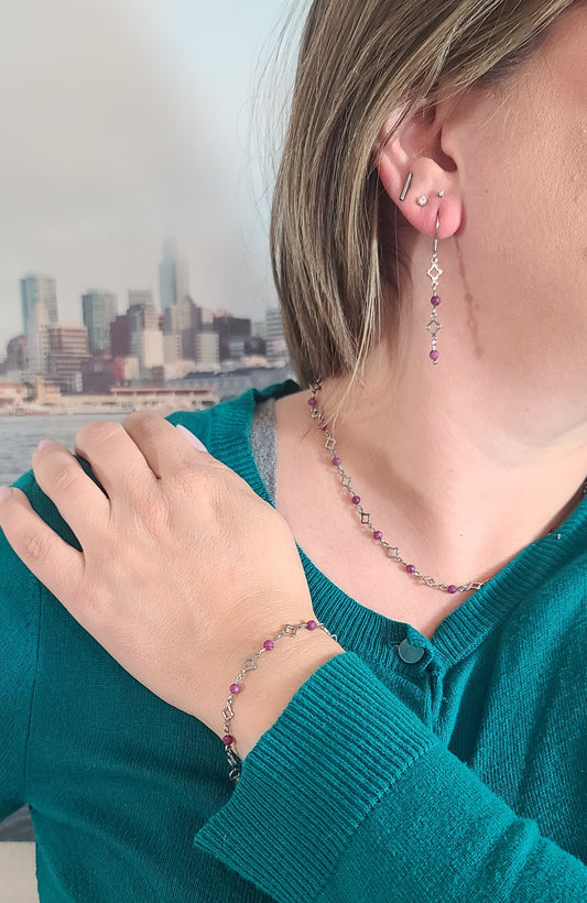 Red Ruby Radiance – Stainless Steel Clover and Natural Ruby Bracelet, Earrings & Necklace Set