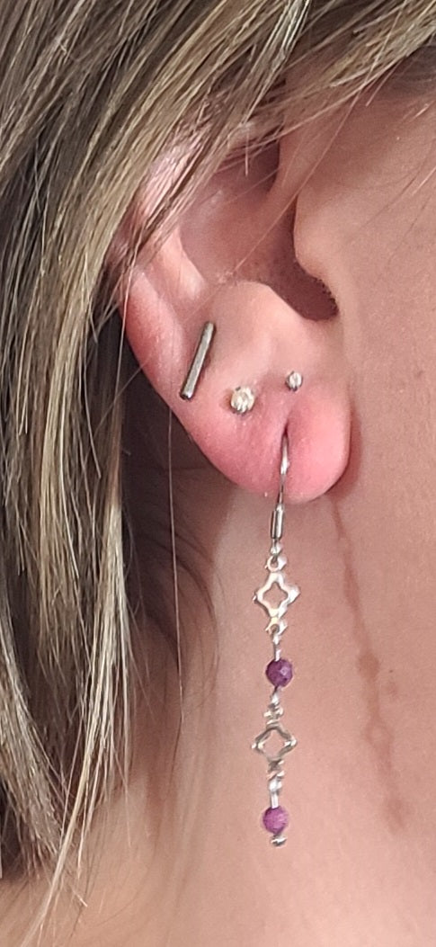 Red Ruby Radiance – Stainless Steel Clover and Natural Ruby Earrings