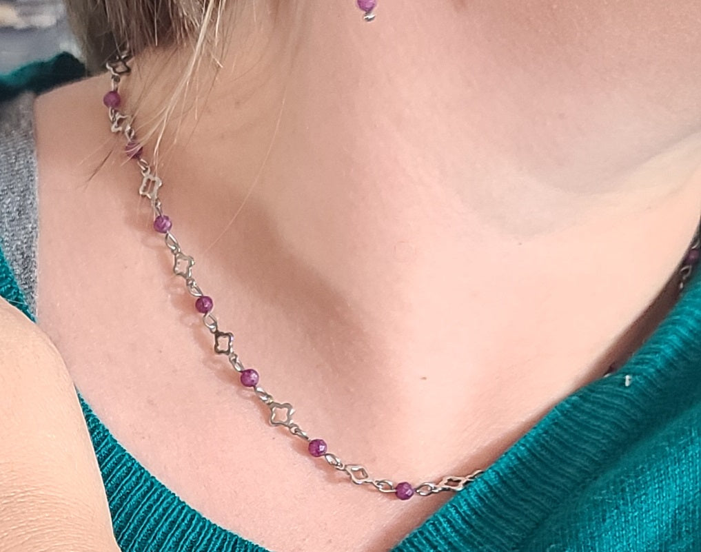 Red Ruby Radiance – Stainless Steel Clover and Natural Ruby Bracelet, Earrings & Necklace Set