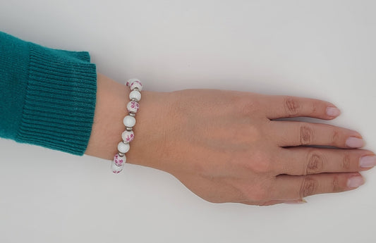 White & Pink Floral Porcelain & Stainless Toggle Bracelet 7.75"