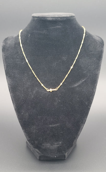 Horizontal Cross Minimal Twisted Curb with Round Flat Sequin Stations Necklace in Gold Stainless Adjustable 16–18"