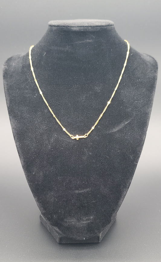 Minimal Twisted Curb with Round Flat Sequin Stations Horizontal Cross Necklace in Gold Stainless Adjustable 16–18"