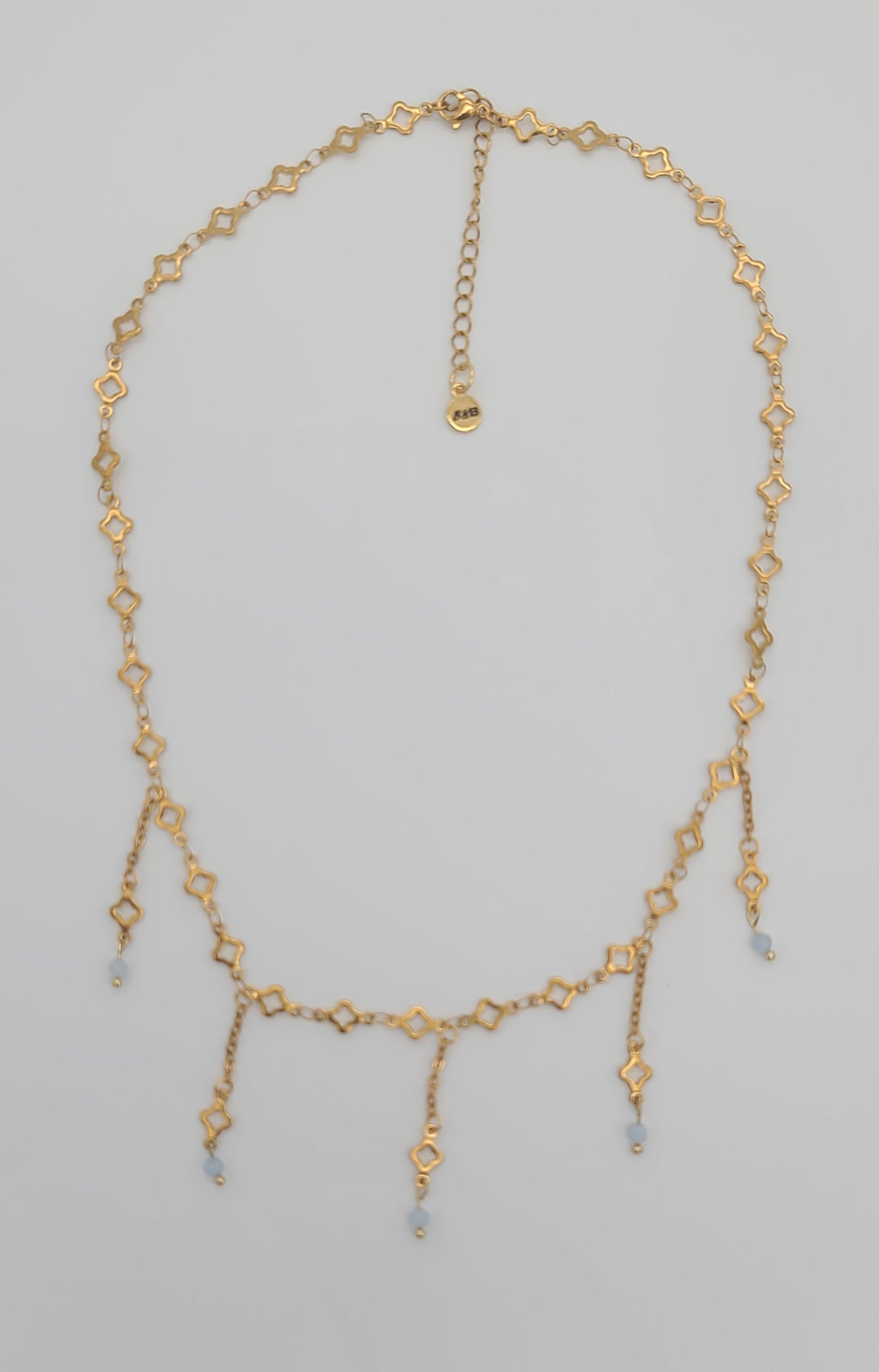 Aquamarine & Gold Clover Jewelry Set, Adjustable, Fringe Necklace, Bracelet & Earrings