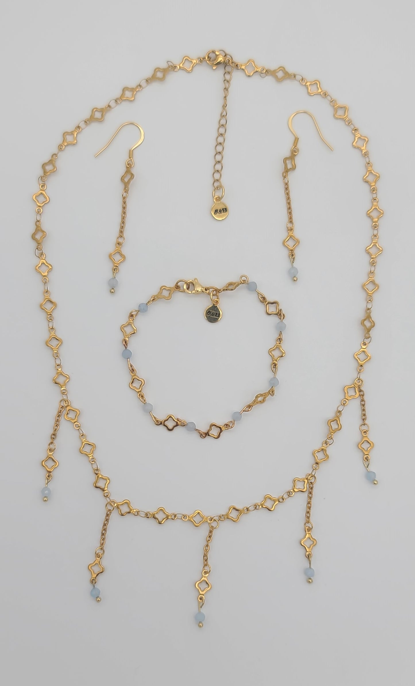 Aquamarine & Gold Clover Jewelry Set, Adjustable, Fringe Necklace, Bracelet & Earrings