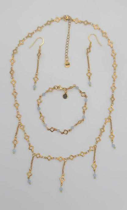 Aquamarine & Gold Clover Jewelry Set, Adjustable, Fringe Necklace, Bracelet & Earrings