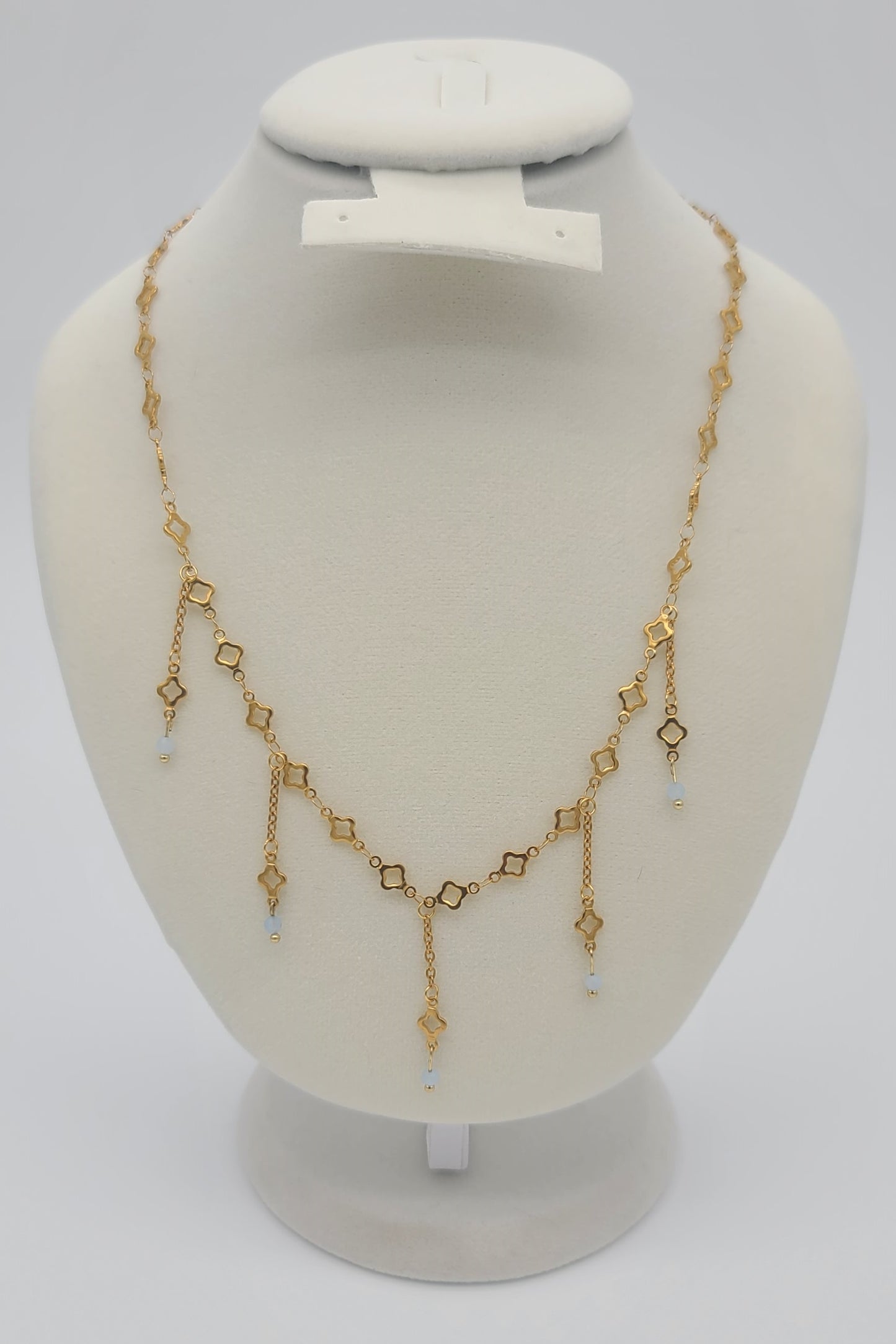 Aquamarine & Gold Clover Jewelry Set, Adjustable, Fringe Necklace, Bracelet & Earrings