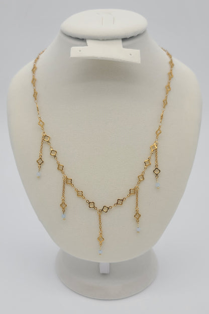 Aquamarine & Gold Clover Jewelry Set, Adjustable, Fringe Necklace, Bracelet & Earrings