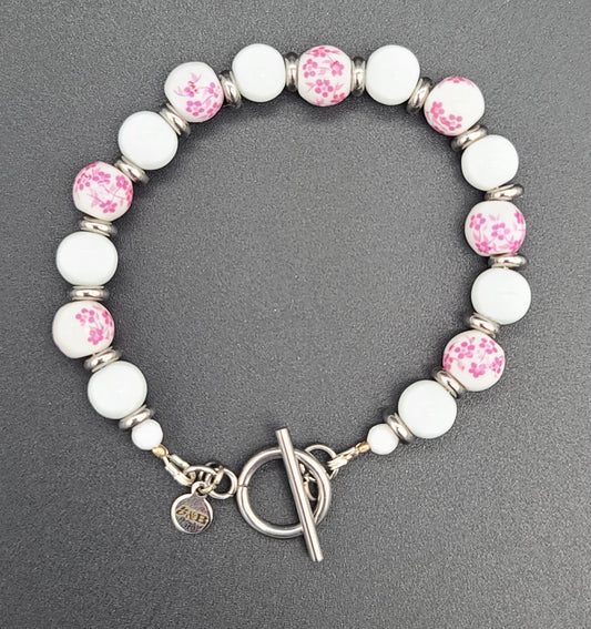 White & Pink Floral Porcelain & Stainless Toggle Bracelet 7.75"