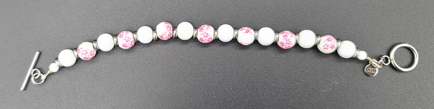White & Pink Floral Porcelain & Stainless Toggle Bracelet 7.75"