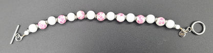 White & Pink Floral Porcelain & Stainless Toggle Bracelet 7.75"