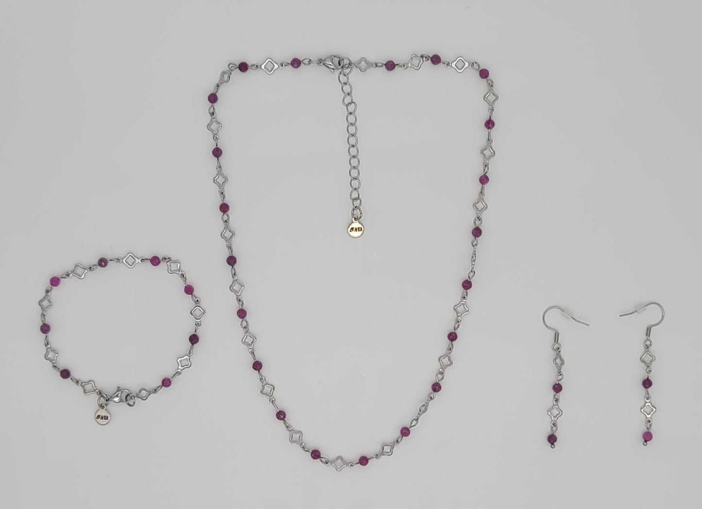 Red Ruby Radiance – Stainless Steel Clover and Natural Ruby Bracelet, Earrings & Necklace Set