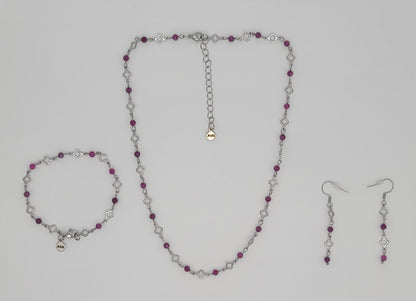 Red Ruby Radiance – Stainless Steel Clover and Natural Ruby Bracelet, Earrings & Necklace Set