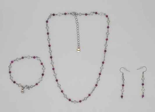 Red Ruby Radiance – Stainless Steel Clover and Natural Ruby Bracelet, Earrings & Necklace Set
