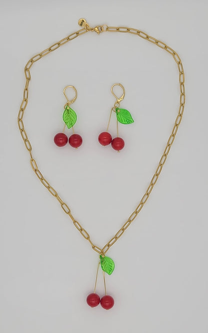 Cherry Pop Gold Stainless Necklace & Earrings Set