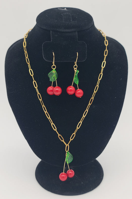 Cherry Pop Gold Stainless Necklace & Earrings Set