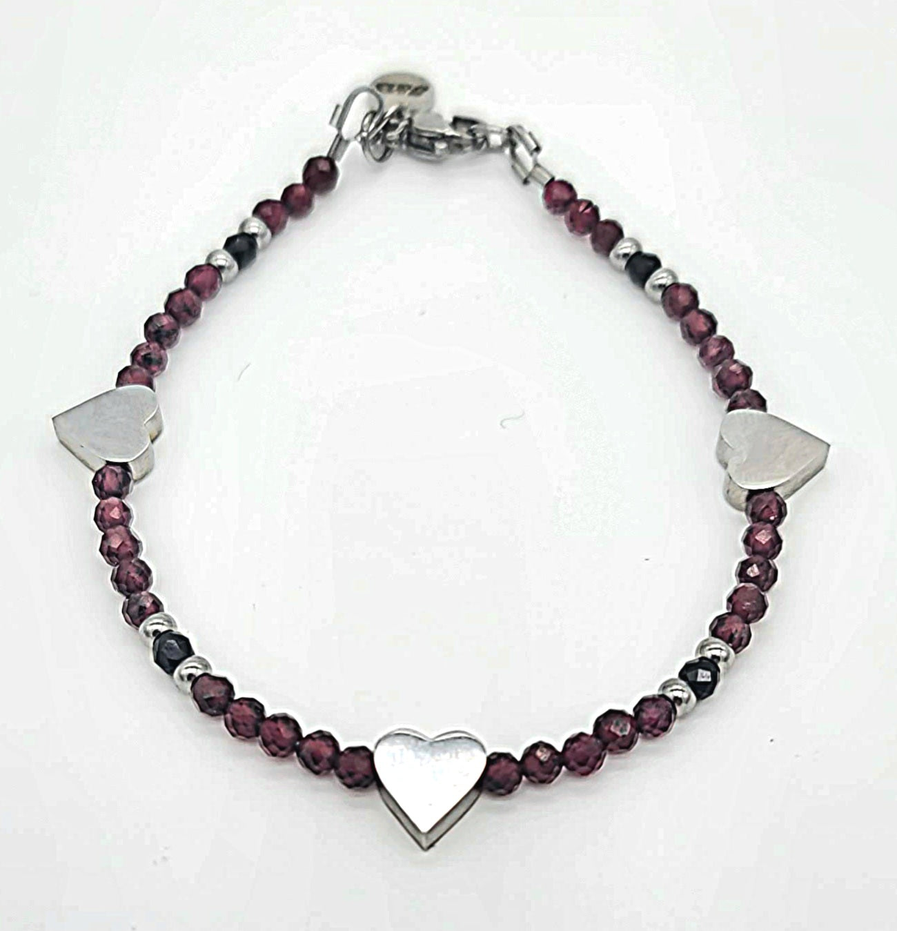Dark Romance Garnet, Black Glass Bead, Stainless Steel Heart Bracelet