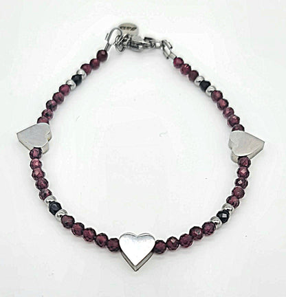 Dark Romance Garnet, Black Glass Bead, Stainless Steel Heart Bracelet
