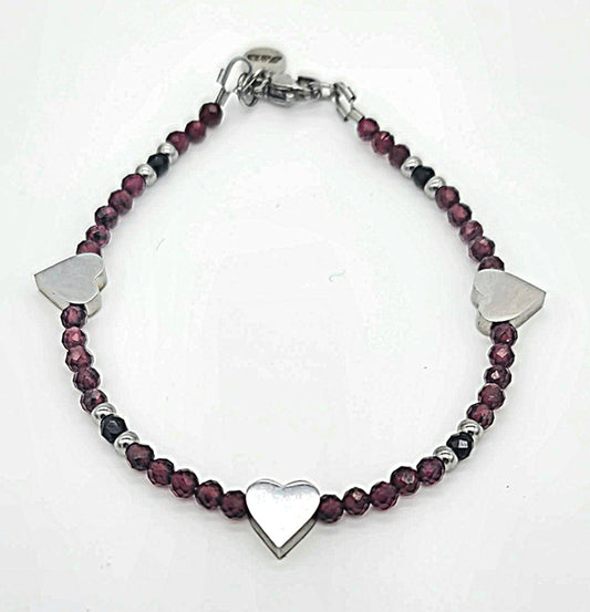 Dark Romance Garnet, Black Glass Bead, Stainless Steel Heart Bracelet